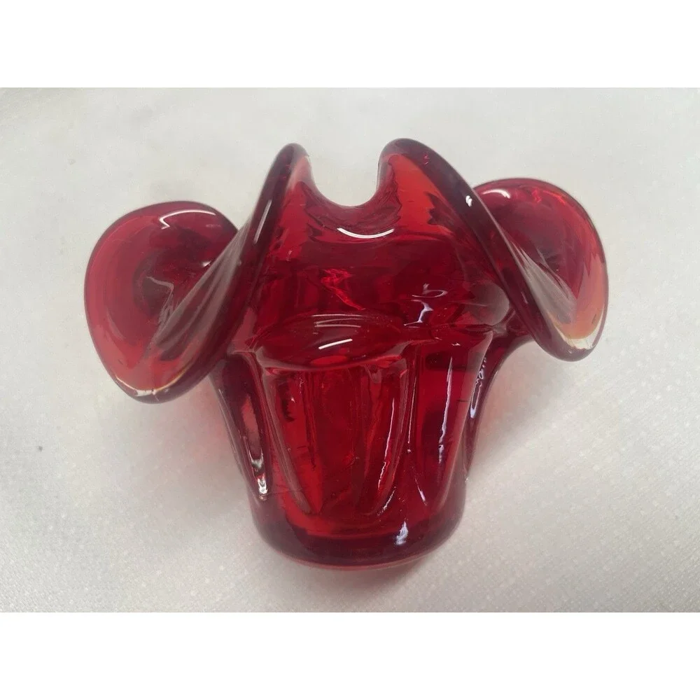 Vintage Murano Glass Votive Candle Holder Trinkets Red Ruffled Edge Decorative